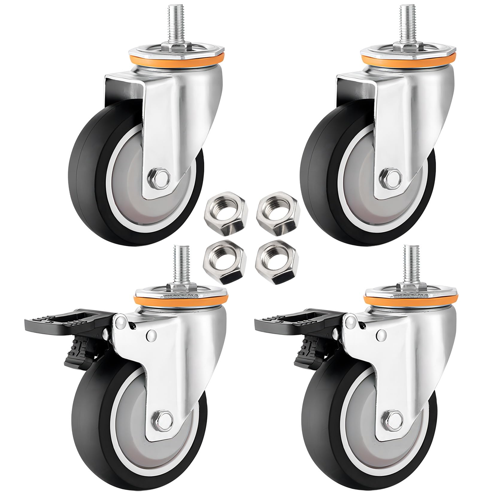 GYRAZXS Heavy Duty Swivel Casters Set of 4 63 125mm with Brake M10 M12 Stem Quiet 360° Rotatable TPR Rubber Wheels for Furniture Trolleys Replacement Castors