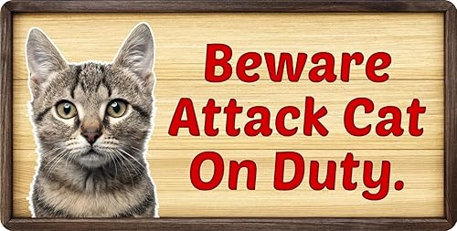 148HS - Letrero de vinilo retro con texto en inglés "Beware Attack Cat On Duty", de 4 x 8 pulgadas
