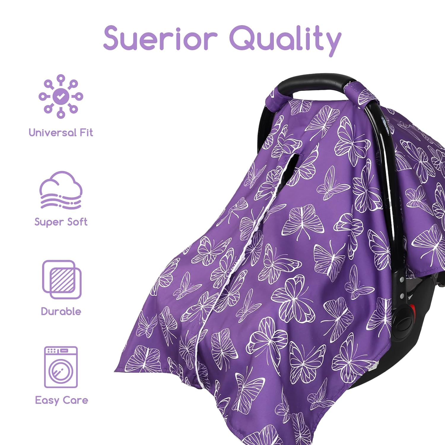 Baby Car Seat Cover for Boys Girls, Winter Infant Carseat Cover for Babies, Peekaboo Opening Nursing Cover Carseat Canopy, Warm Carrier Cover for Newborn, Purple Butterfly - Image 4