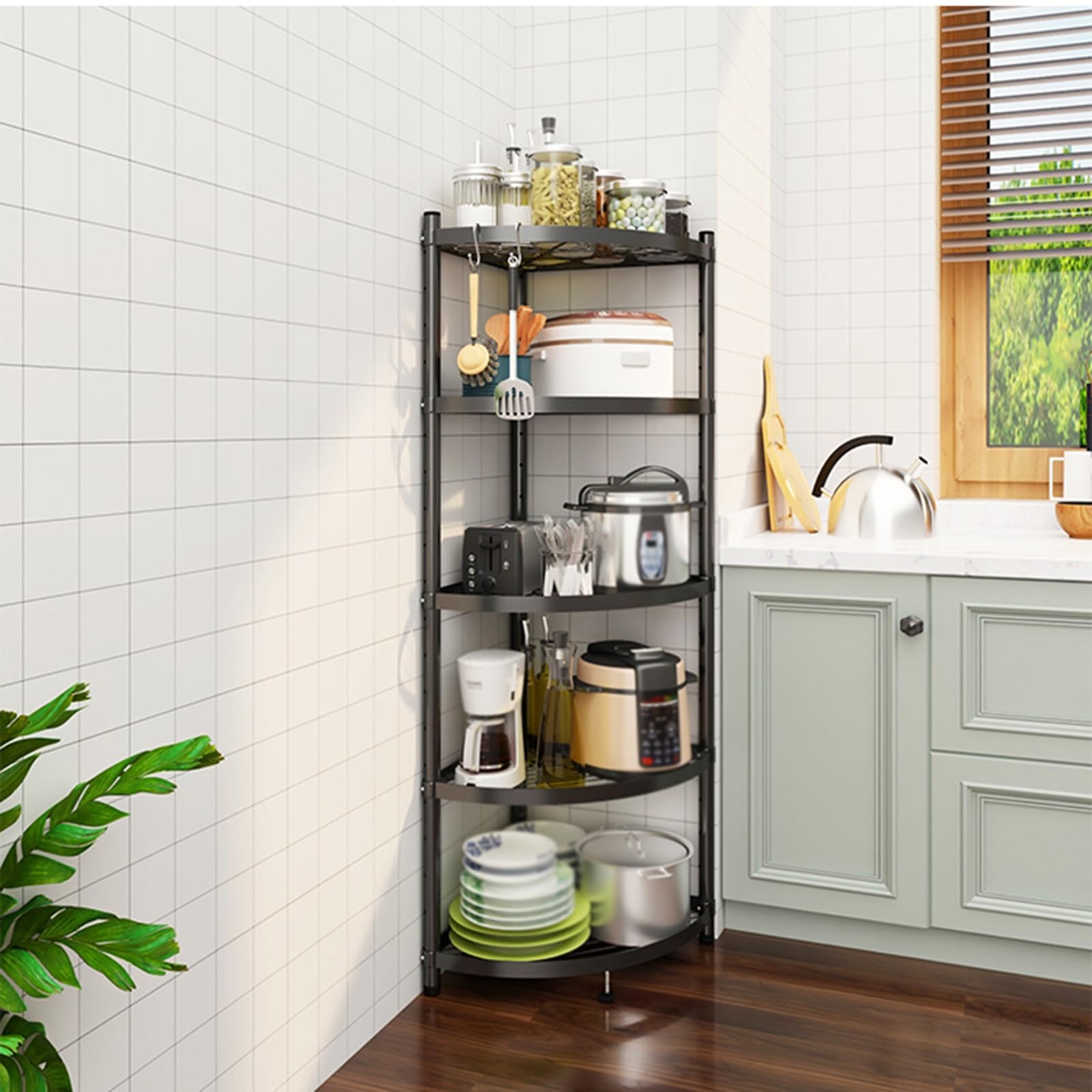 Scaffale regolabile a 3/5 ripiani in acciaio inox per ingresso, soggiorno, dispensa, bagno, design angolare per spazi ristretti (35 x 35 x 120 cm)