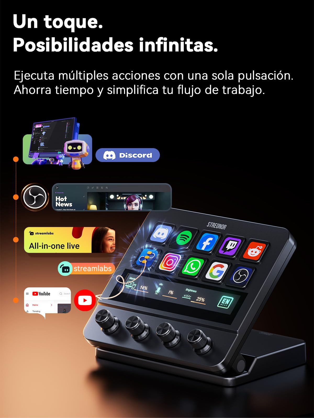 STREONOR Stream Controller Pro S10 Stream Control Deck con 10 teclas personalizadas y pantalla táctil deslizante con 4 perillas ajustables para transmisión, creadores de contenido, juegos, PC y Mac