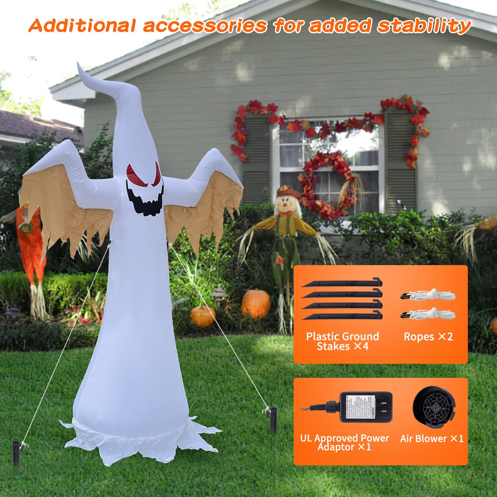 Rukars 8 FT Halloween Inflatables Outdoor Horror White Ghost, Scary Eyes and Gaping Open Mouth, Blow Up Inflatable Halloween Decoration Clearance with Build-in LEDs for Holiday Party Yard Garden Lawn