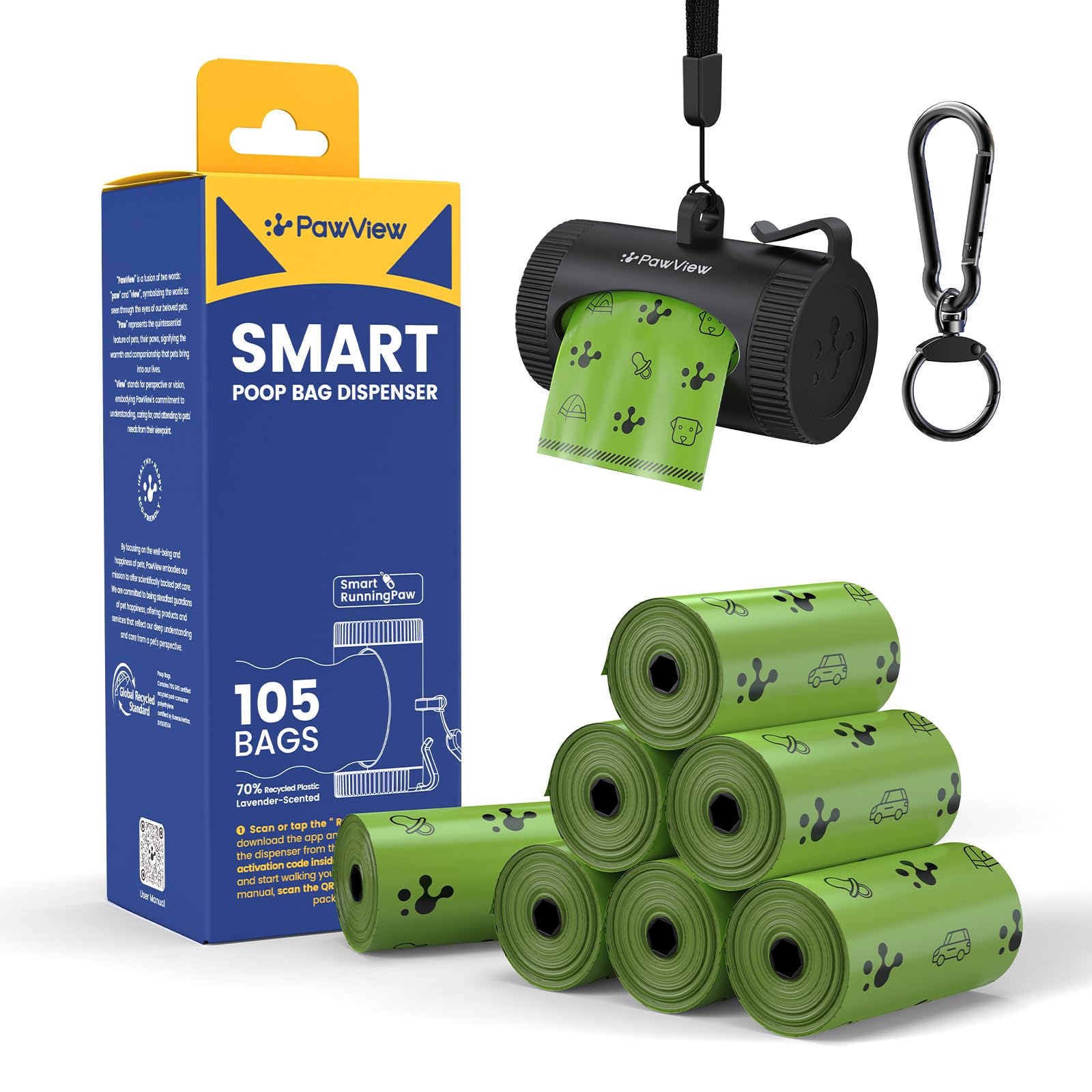 Distributeur de sacs à déjections canines noir avec 105 recharges mains libres pour promenade