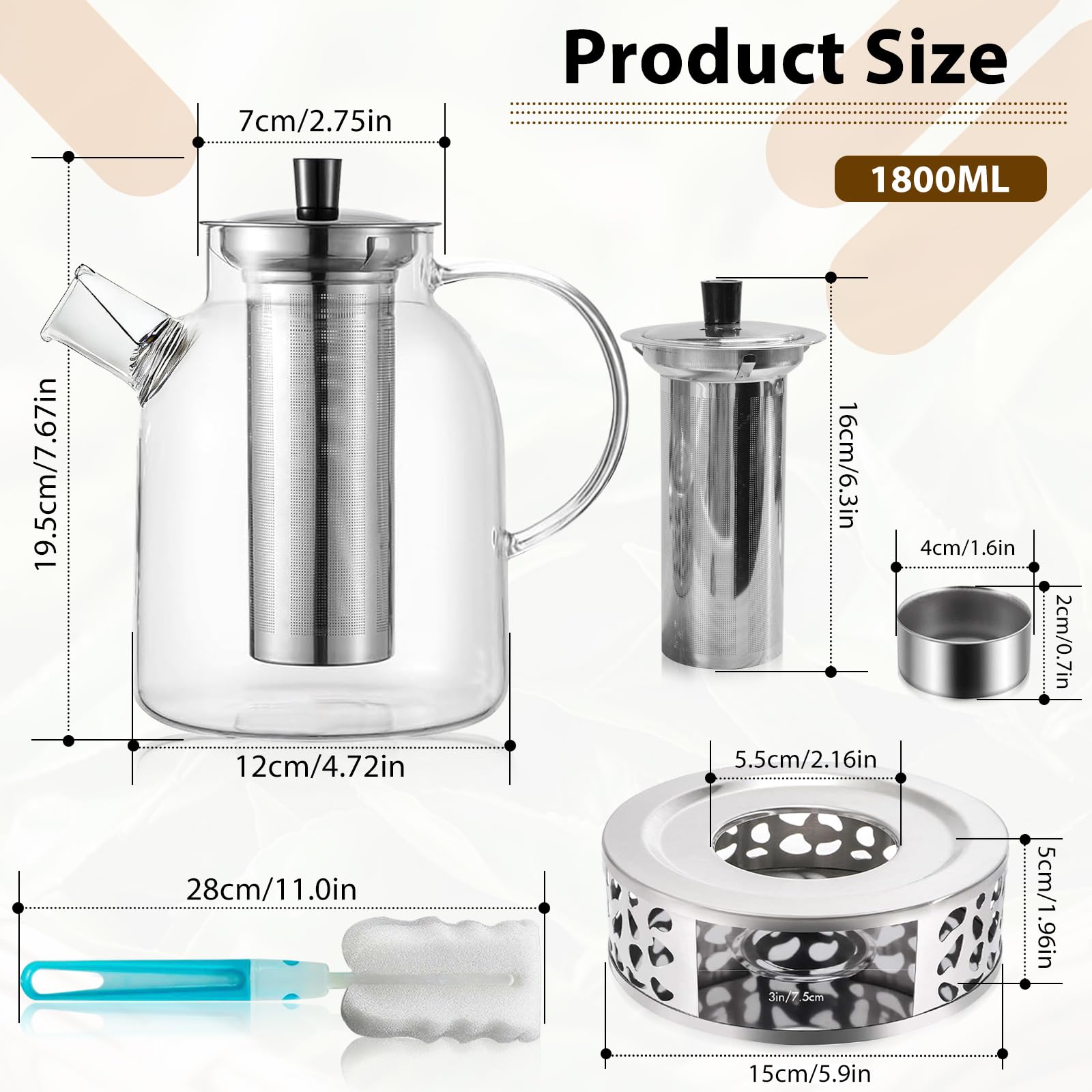1800 ml Teekanne Mit Siebeinsatz Und Stövchen，Glasteekanne mit Abnehmbare Edelstahl-Sieb Warmhalteuntersetzer Rostfrei Hitzebeständig für Schwarzen Tee Grüner Tee Fruchttee Duftender Tee Teebeutel