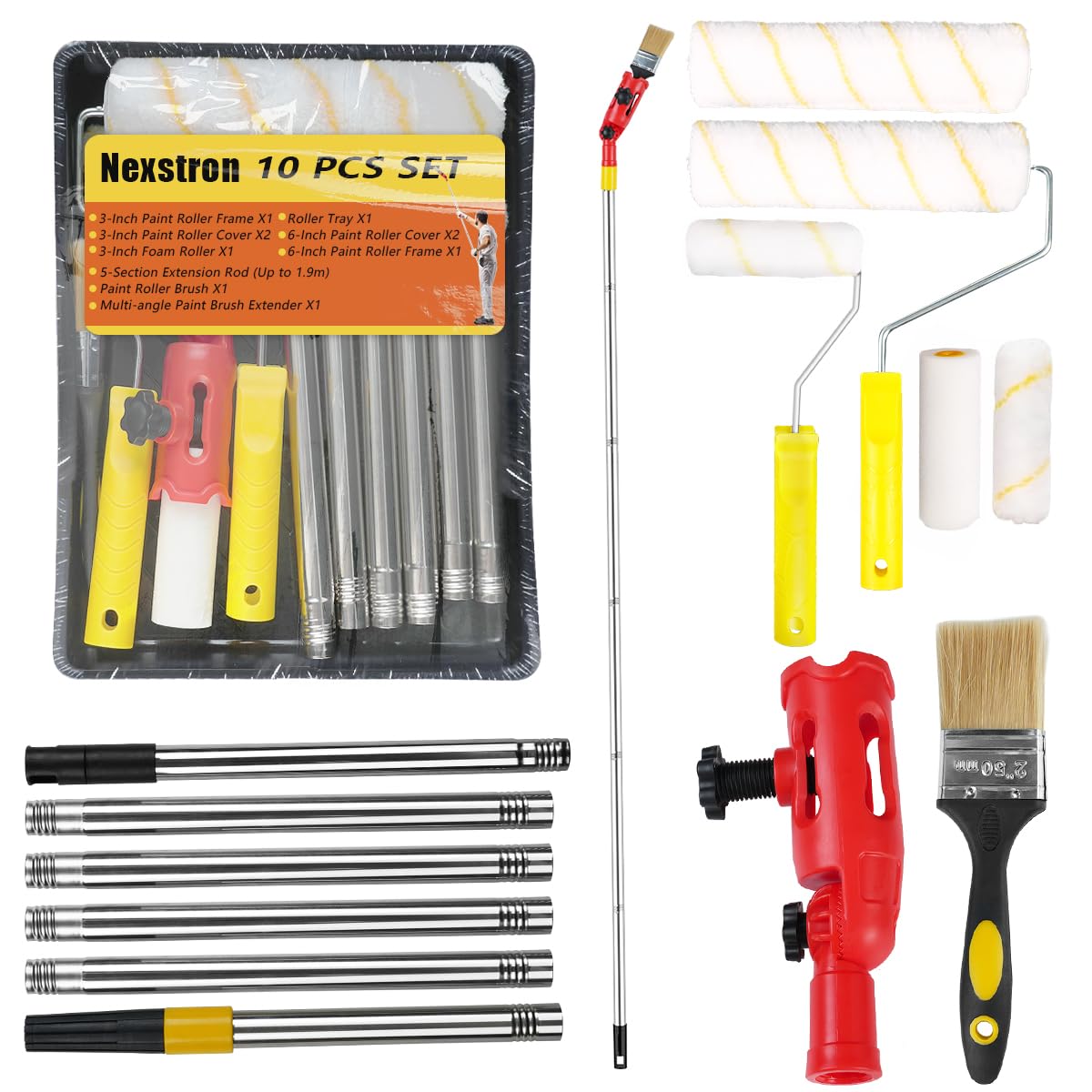 Kit Completo de Rodillos de Pintura 11 Piezas, Barra Extensible de 1,9m, Bandejas para Pintura, Extensor Multiangular para Paredes, Bordes y Techos
