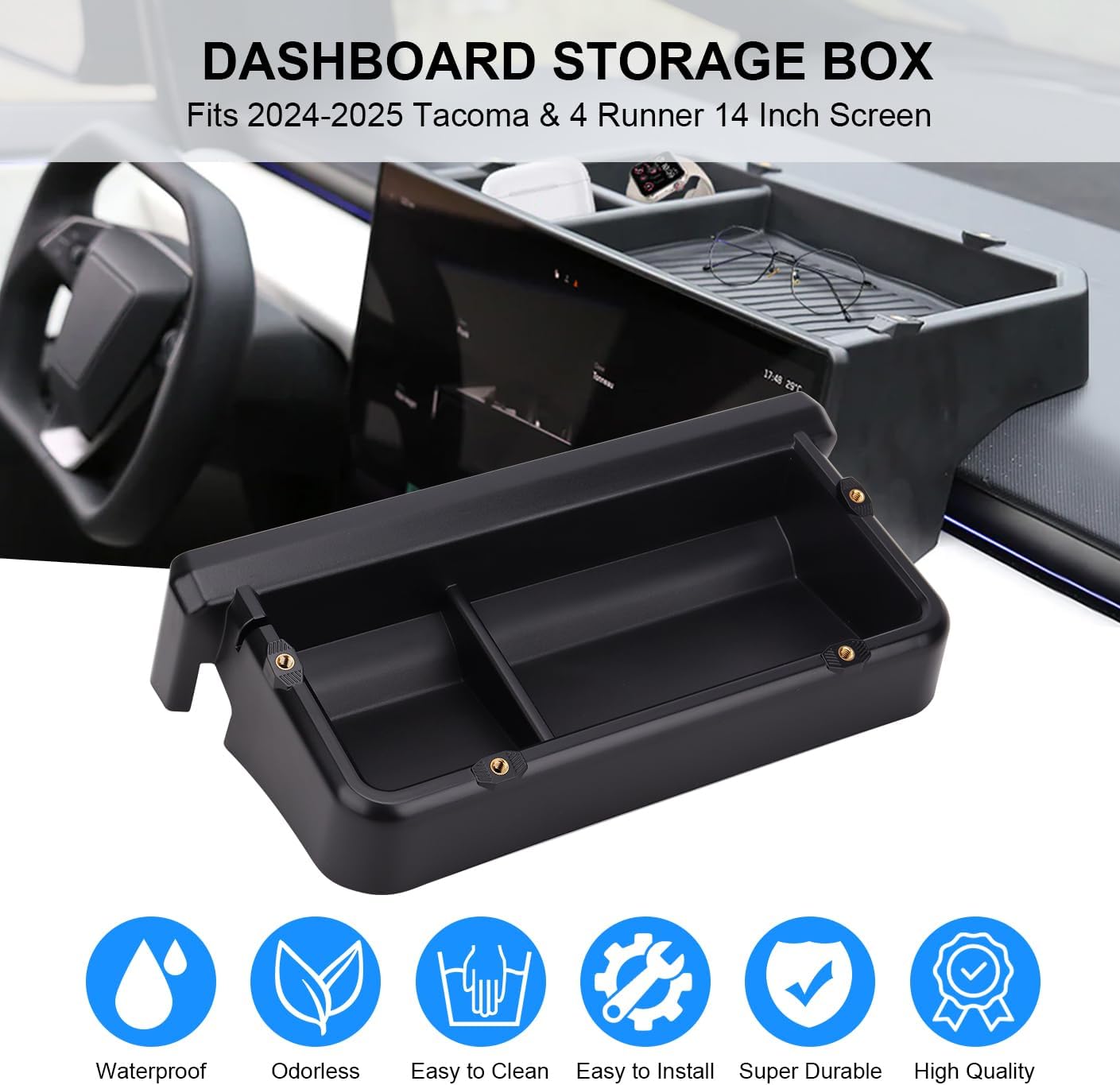 Dashboard Tray for Toyota Tacoma 2024 2025 & 24 25 4Runner (Only for 14 inch Screen) Car Interior Accessories Center Console Organizer Hidden Behind Display Screen Storage Box with Anti-Slip, Black