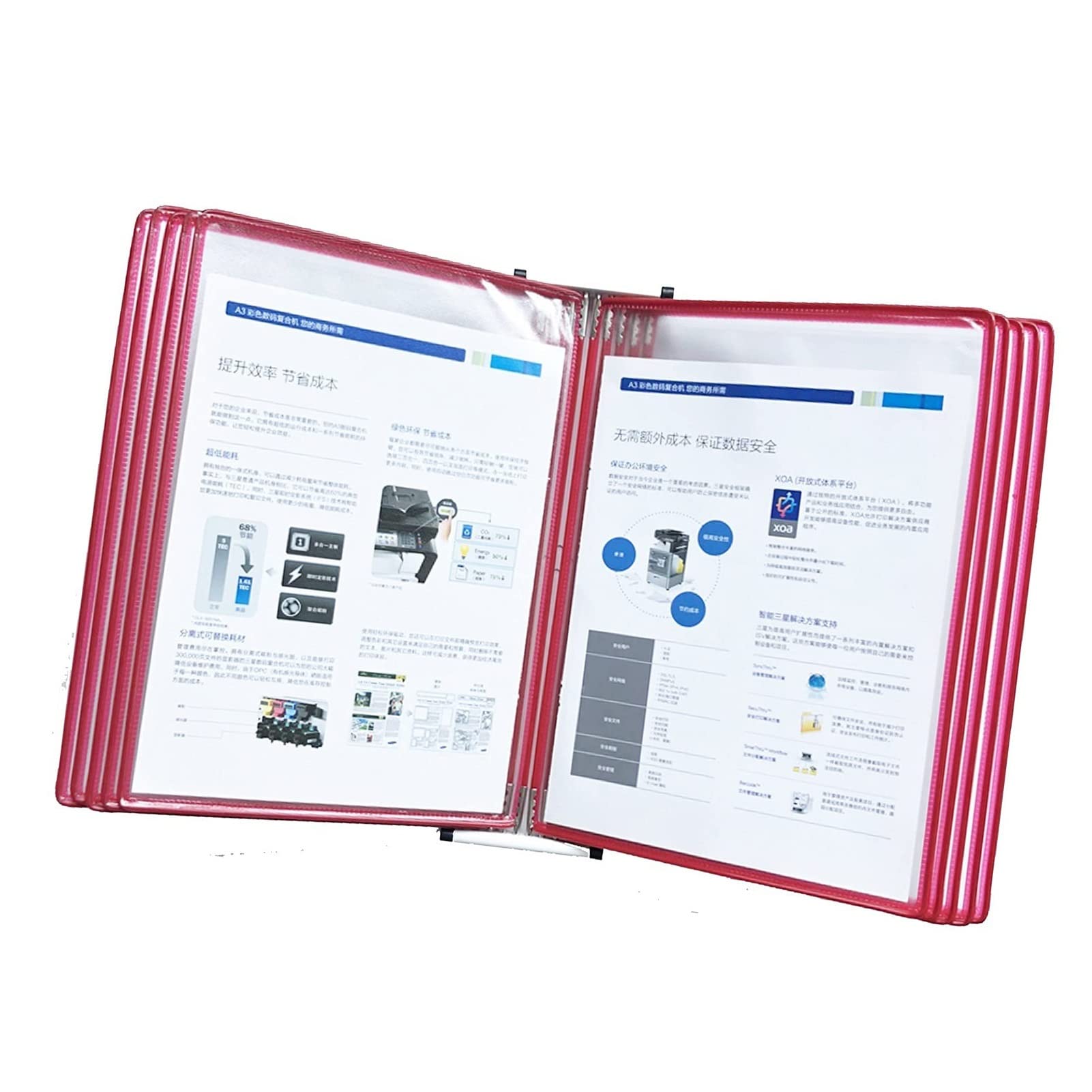 cartellina, Cartella portadocumenti da parete, 10 pannelli bifacciali, espositore trasparente for fogli mobili formato A4(Red)