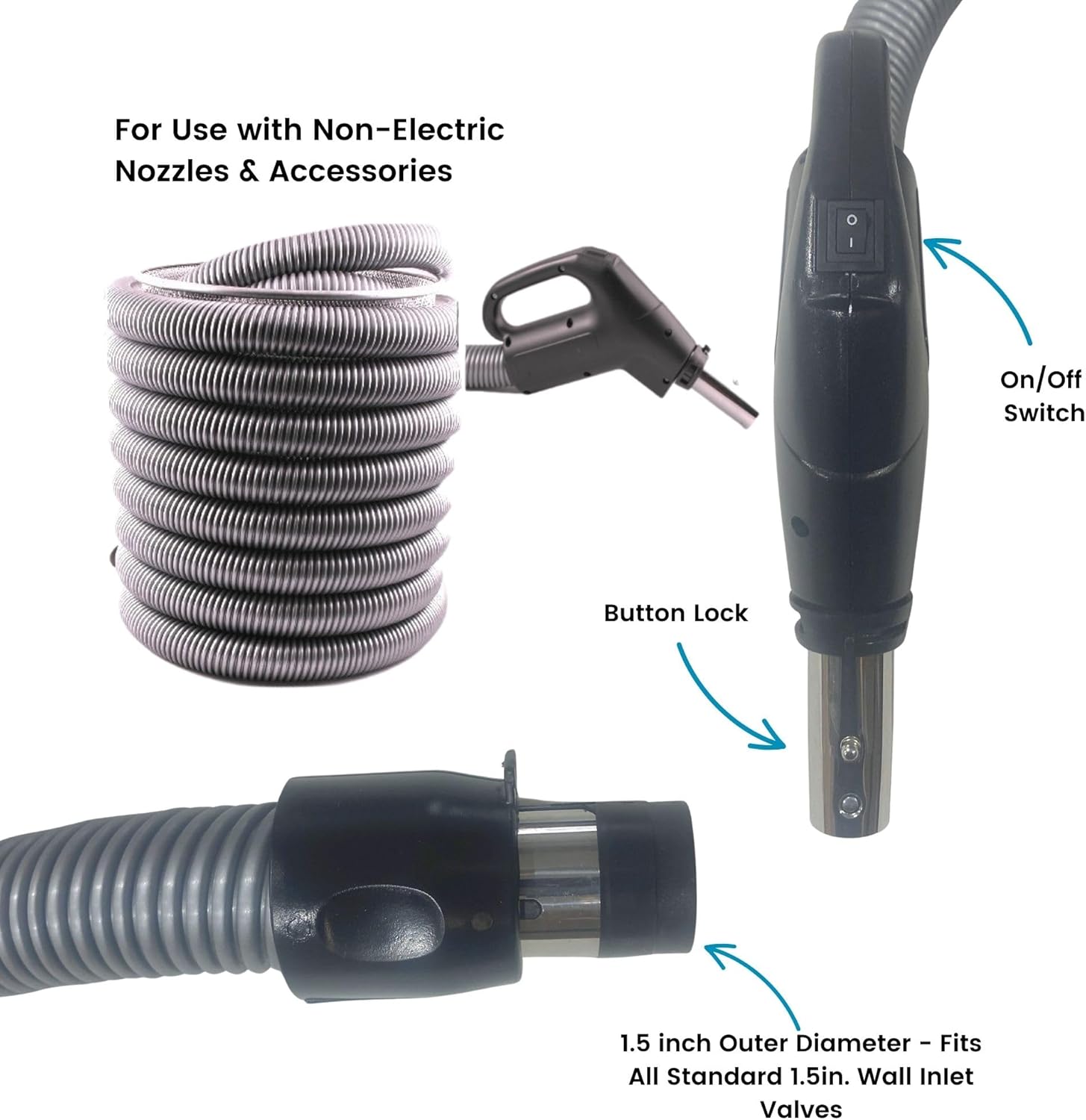 Wessel-Werk BaseReach™ Turbo Kit – 35 ft Low Voltage Central Vacuum Hose with 2-Way On/Off Switch & Cleaning Accessories – Fits Standard 1.5" Wall Inlets, Compatible with Beam, Nutone, Vacuflo & More