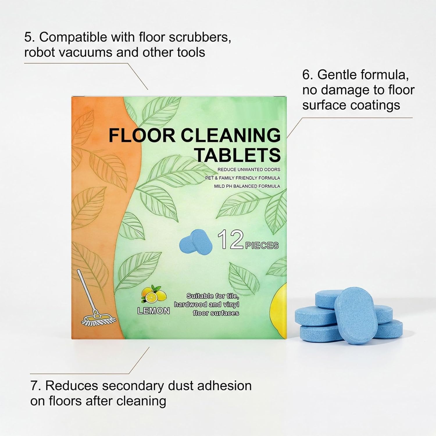 12pcs Floor Cleaner Tablets Hard Floor Cleaner Tablets, Pre-Measured Dissolvable Cleaning Solution for Tile, Vinyl, Hardwood, Fresh Lemon Scent, Compatible with Robot Mops & Wet/Dry Vacuums (12)