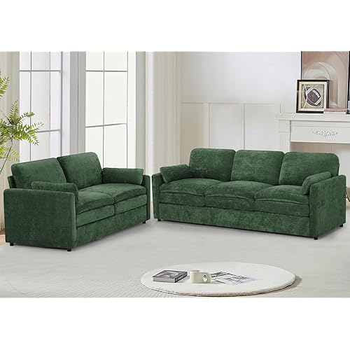 2 Pieces Chenille Sofa Set with Soft Pillows, Comfy 3-Seat and Loveseat Couch with Thickened Cushions, Modern Upholstered Sectional Sofa with Deeper Seats for Living Room, Apartment, Green