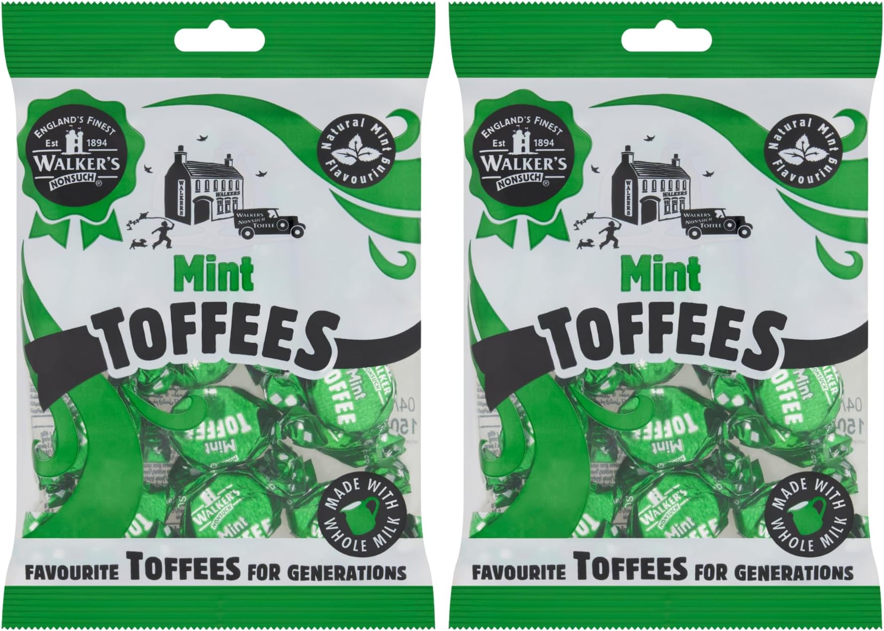 Walkers Nonsuch British Mint Toffee Candy 5.29 Oz (Pack of 2) - Natural Mint Flavor, Whole Milk Toffee, Individually Wrapped Chewy Candy Pack, Classic English Sweets, Imported UK