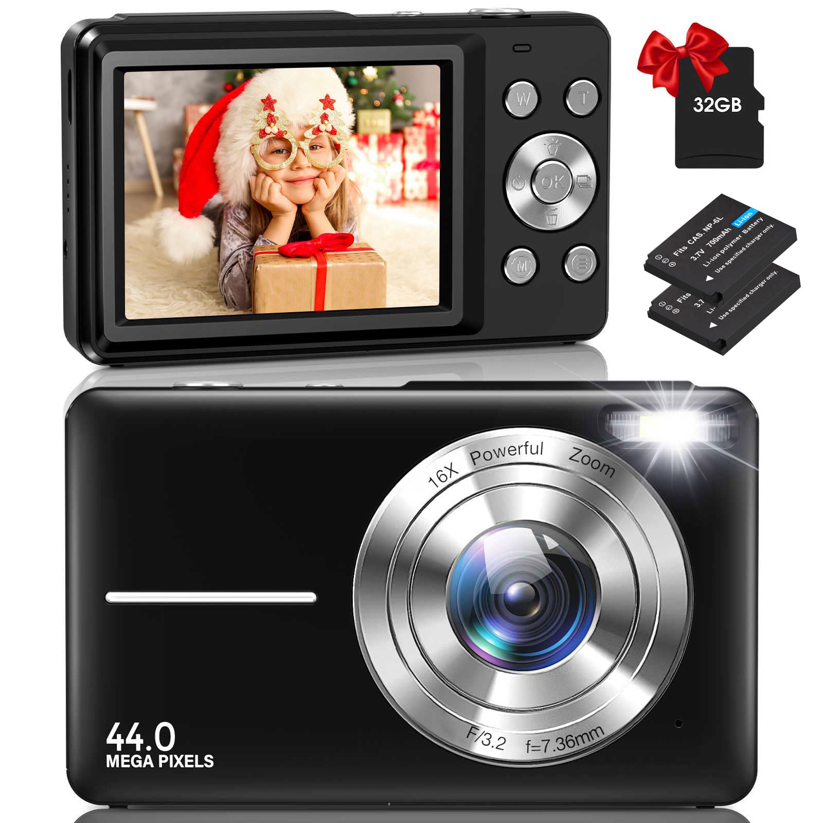 neziniDigital Camera, Vlogging Camera Rechargeable Digital Cameras with 32G Memory Card FHD 1080P 44MP Compact Camera with 16X Digital Zoom, Portable Mini Camera with 2 Battery for Teens,Kids（Black）