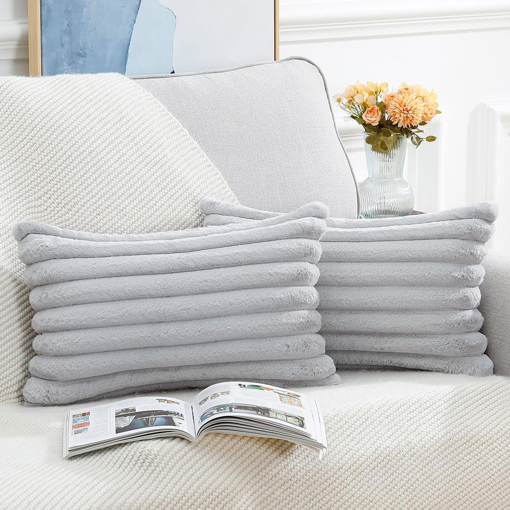 Madizz Set of 2 Faux Fur Decorative Cushion Covers 12x20 inch, 30x50 cm - Image 2