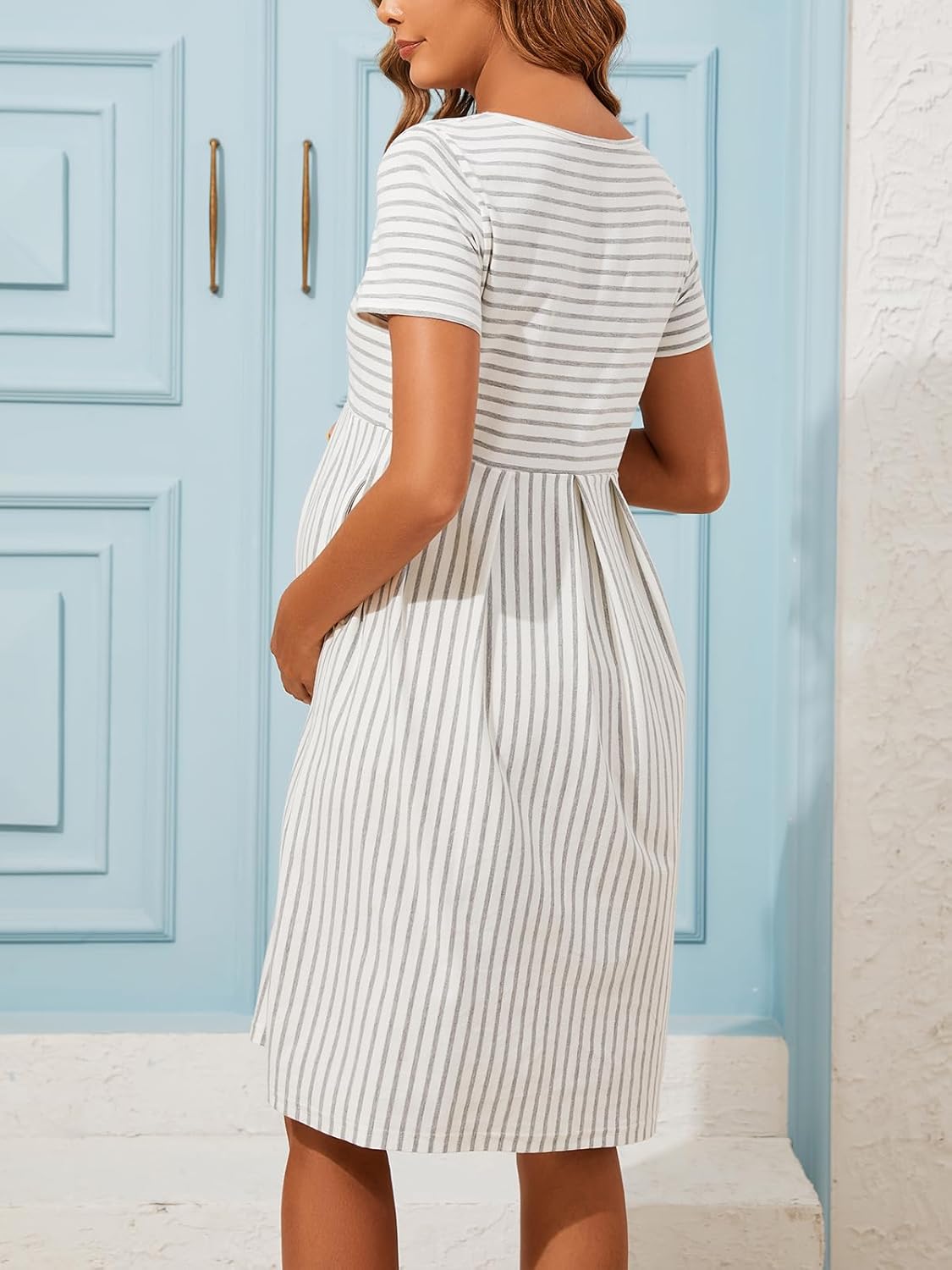 Ecavus Women's Nursing Dress Short Sleeve Hidden Zipper Maternity Breastfeeding Dress with Pockets - Image 7