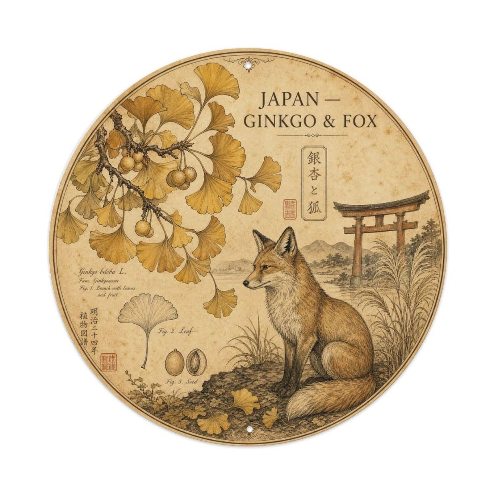 Olyhtr 8X8inch Classic Style Meiji Japan Ginkgo Fox Ceramic Folk Pattern Metal Tin Sign