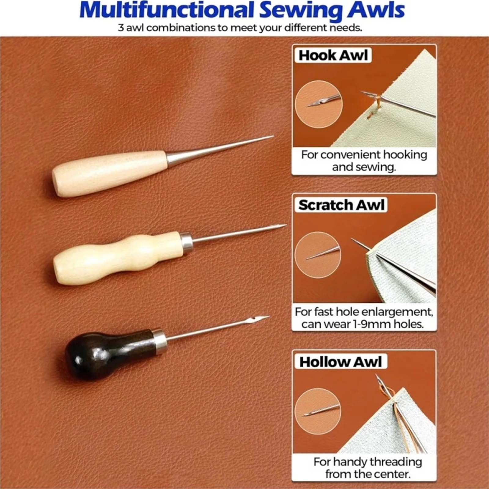 Kit De Lezna Para Coser Kit De Costura Cuero | Con punzón de coser, agujas, hilo encerado, kit de reparación de tapicería, herramientas de costura