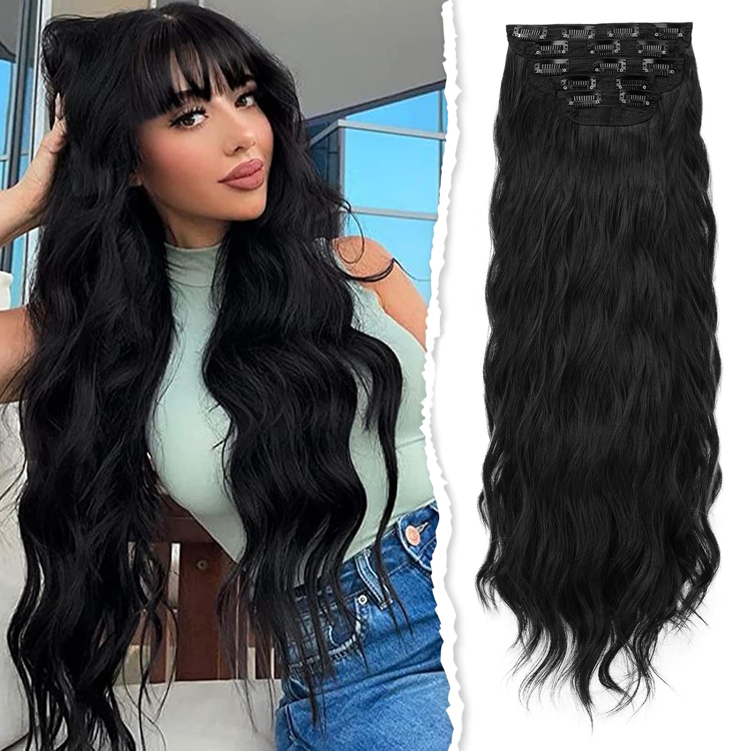 BARSDAR Clip in Hair Extensions, 5PCS Long Wavy Black Clip