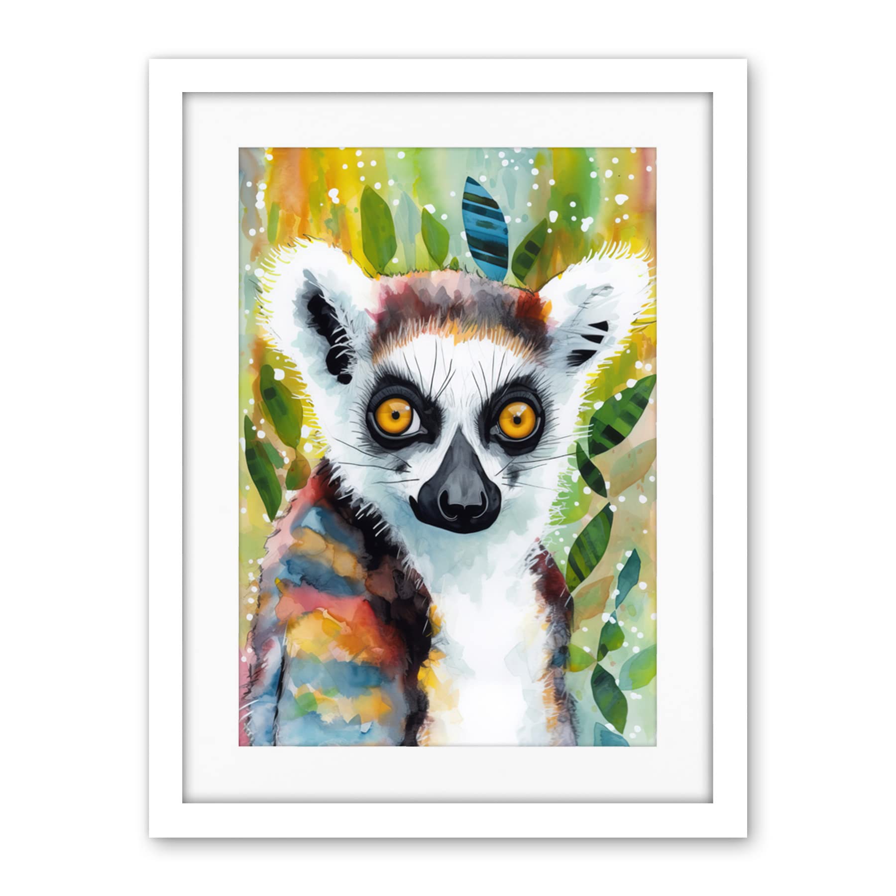 Artery8 Lemur Portrait Folk Art Watercolour Painting Artwork Framed Wall Art Print 18X24 Inch