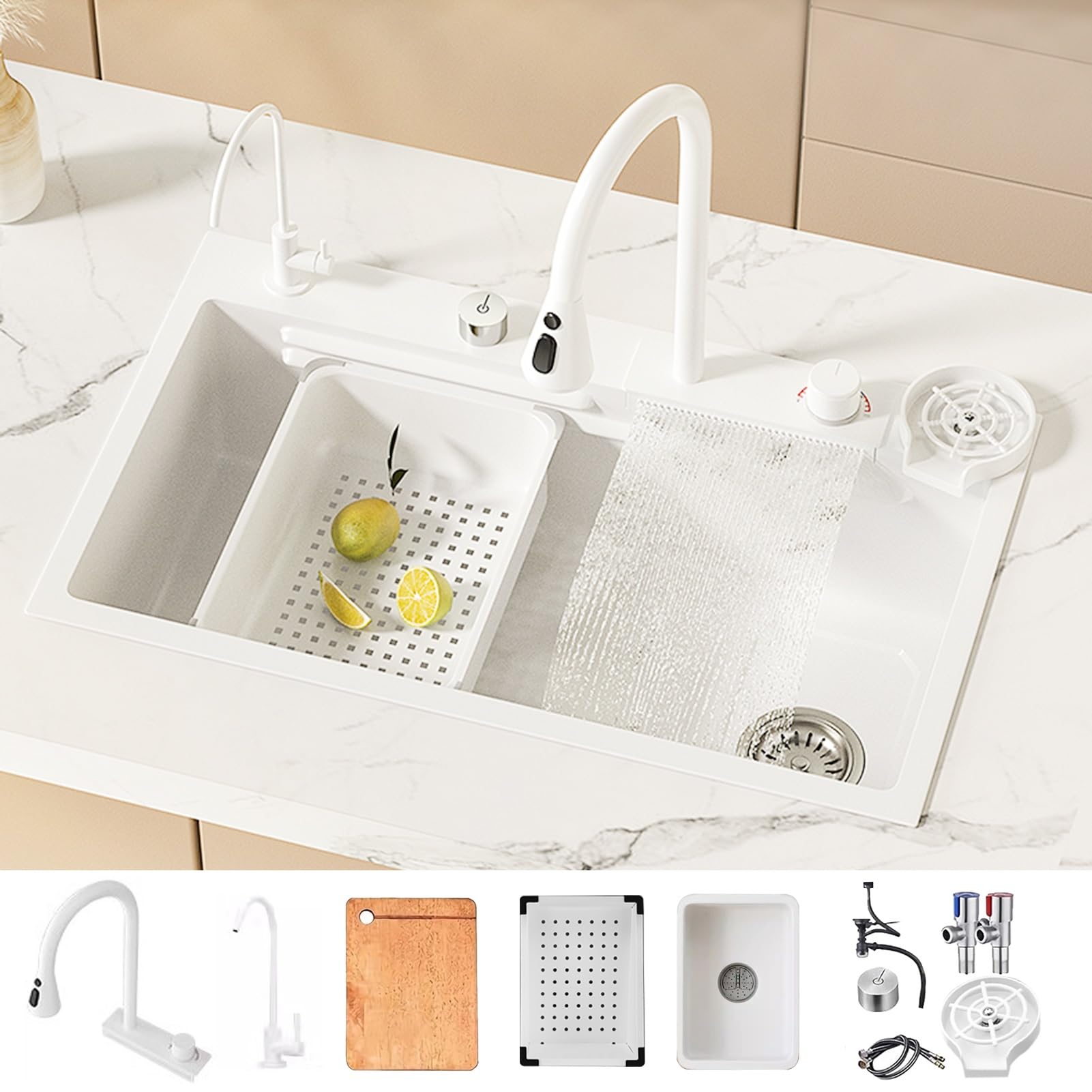 WIQUYBML Waterfall Sink in White, Kitchen Stainless Steel Multifunction Sink, with Faucet and Miscellaneous White Accessories (Color : Size 68x