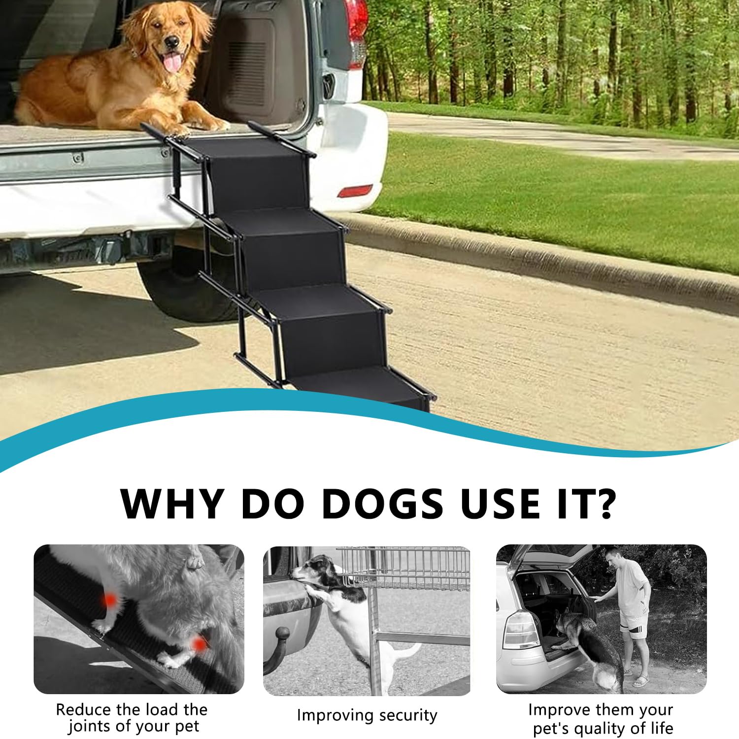 Rampa para Perros Coche, 4 Peldaños Escalera para Perros – Extra Ancha, para Perros Grandes Pequeños, Peldaños Mascotas, Ayuda Subir al Coche, Capacidad Carga hasta 80 kg, Apta Todos Los Vehículos