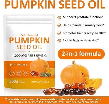 Pumpkin Seed Oil Capsules for Hair Growth, 300 Softgels for Hormone Balance & Prostate Health, Cold Pressed Pure Virgin Oil, Urinary Support, Skin Care