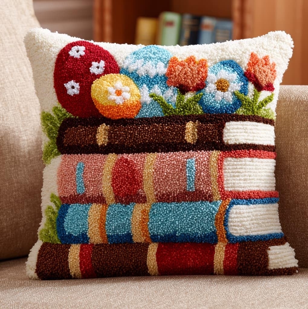 WallustrioaW Latch Hook Kits Pillow Printed Cushion,Books and Easter Eggs,Needlework DIY Hook Latch Kit Pillowcase Cover Home Sofa Christmas Decoration,17x17in