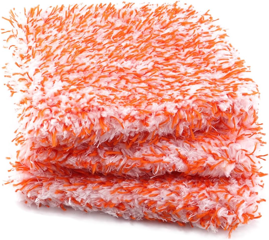 Microfiber Wash Pad, SPTA 3Pcs Ultra Wheel Pad Perfect for Wheels, Grills, and Tight Areas; Proprietary Microfiber Blend; Easily Releases Contaminates Upon Rinsing, 8.5in x 9.8in, Black/Orange-MT023B3
