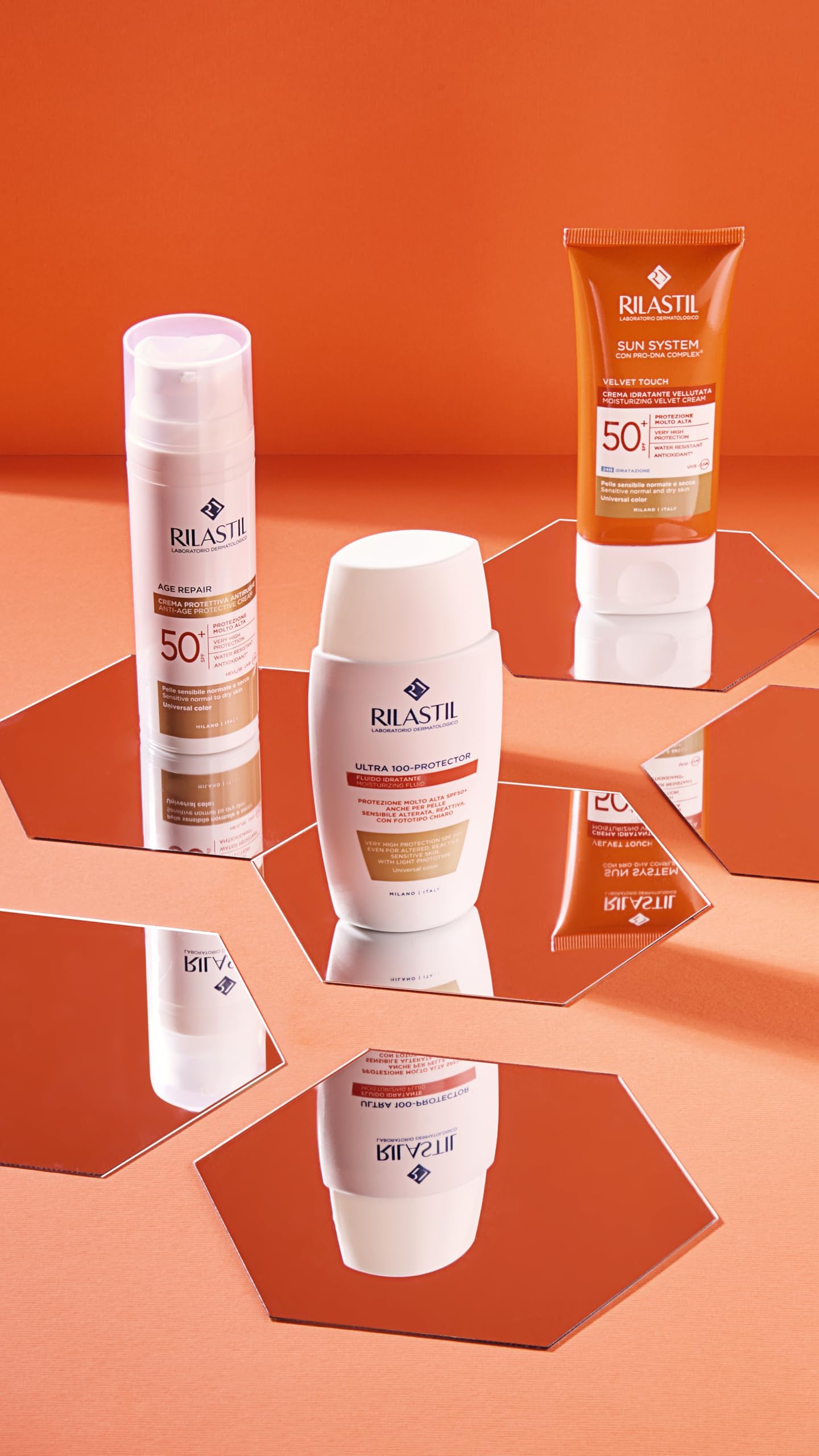 Rilastil Kit Solare Viso, Fluido Ultraleggero Viso 100 SPF50+ + Crema Viso SPF50+ Antiage, Colore Universale + Crema Solare Viso Colore Universale