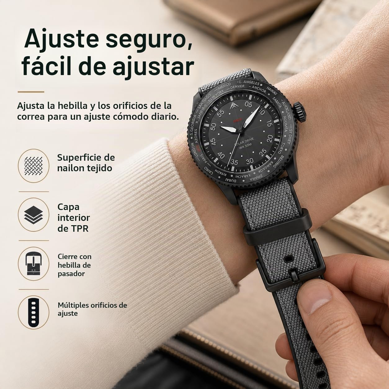 North Edge Mach Watch Pilot Watch Pily Powered For Men 50m Visión Nocturna de cronógrafo Que Dura hasta 180 días Solar