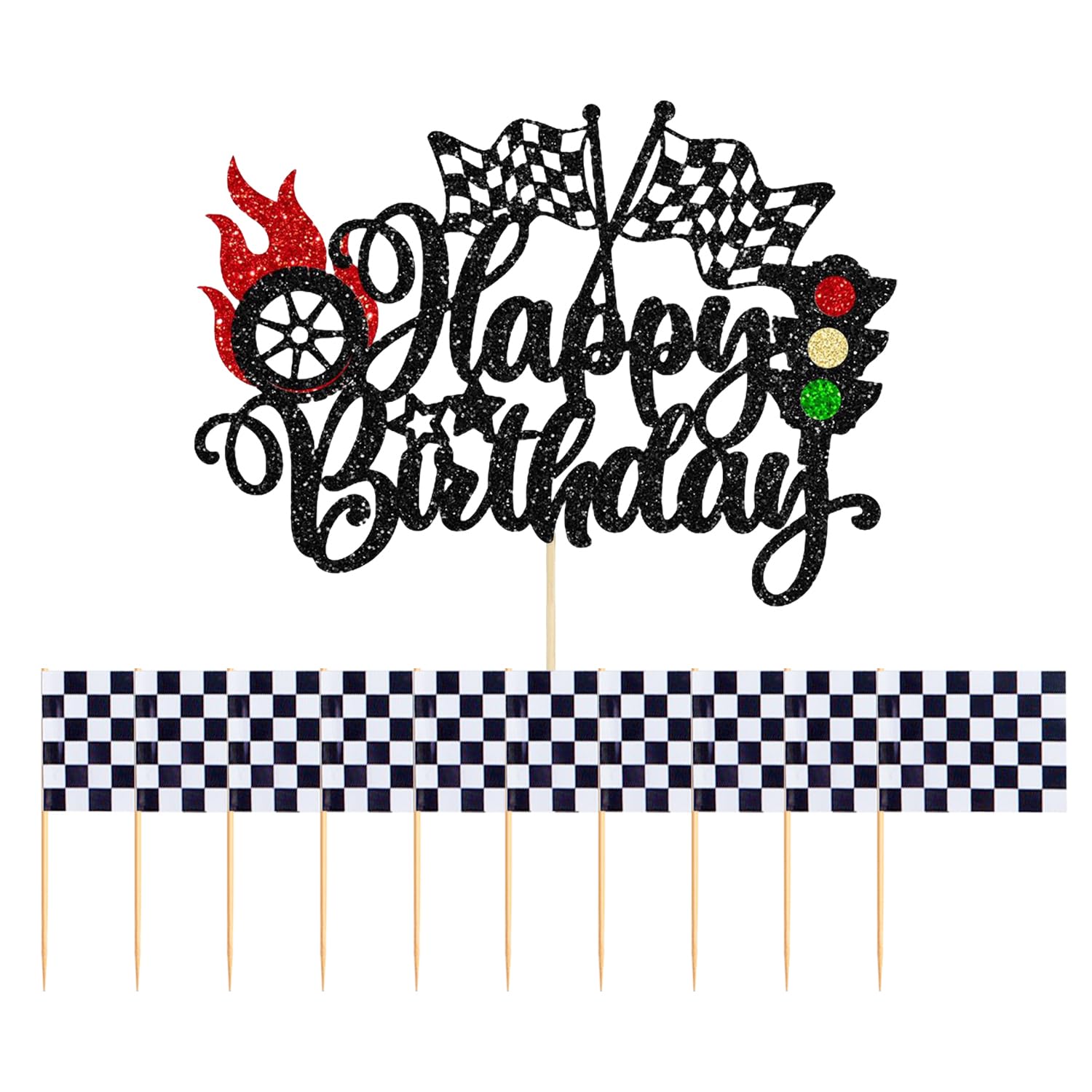 RNSKFG 11 Pieces Racing Themed Card Inserts, Birthday Cake Accessories, Sports Car Flag Plug-Ins, Party Event Decorations.