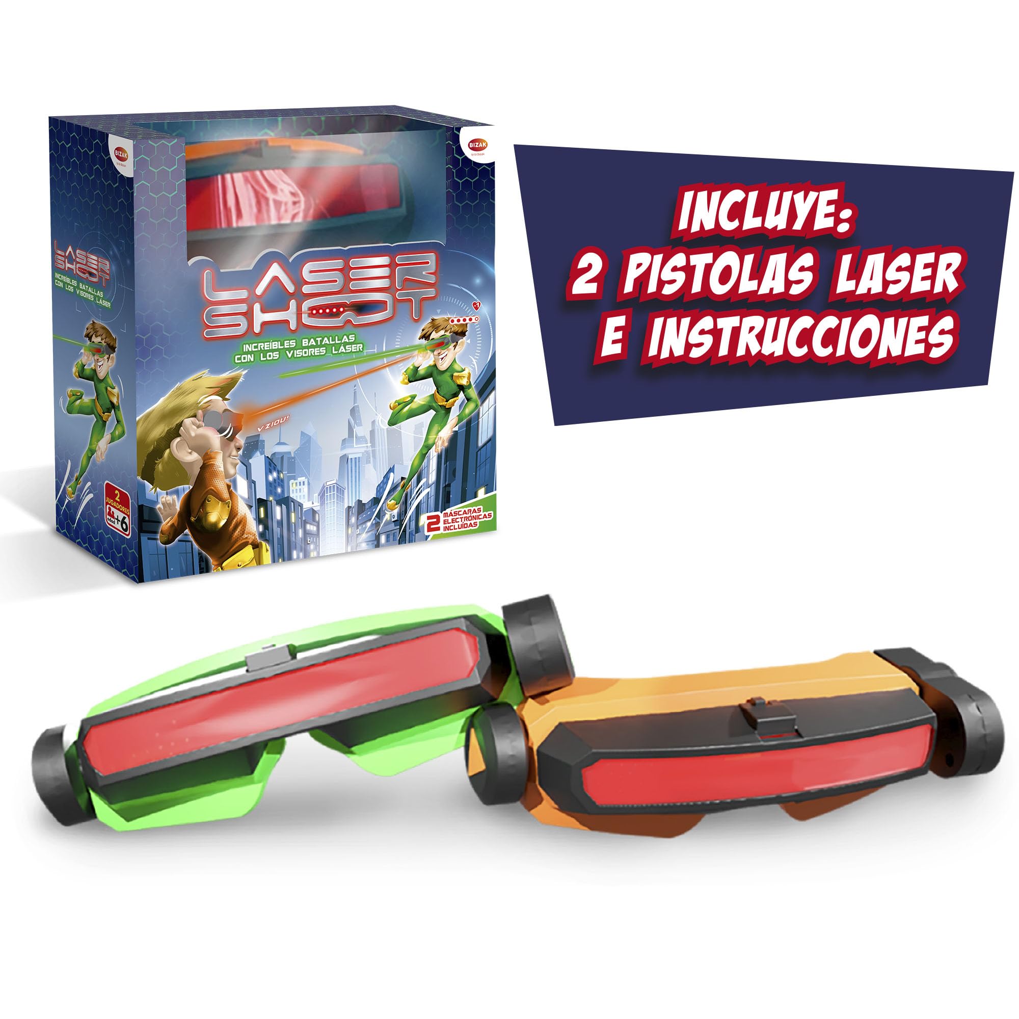 Laser Shoot, Juego de Batalla Visión Láser con 2 Máscaras Interactivas, 5 Vidas por Jugador, Alcance 8 Metros, Juego Activo y Divertido para 2 Jugadores, +7 años, Bizak (64170002)
