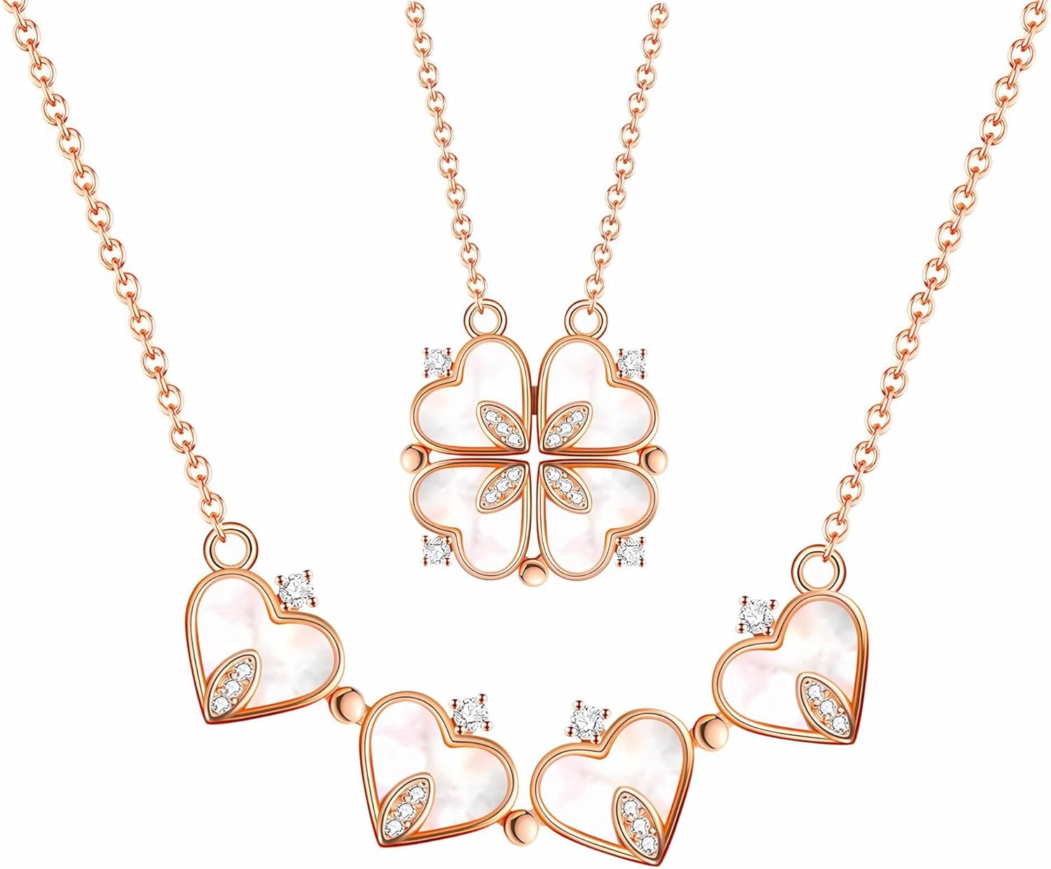 4 Leaf Clover Heart 2 in 1 Pendant Necklace for Women by Ginger Lyne Valentine Gift Clear Cubic Zirconia Yellow Gold over Sterling Silver