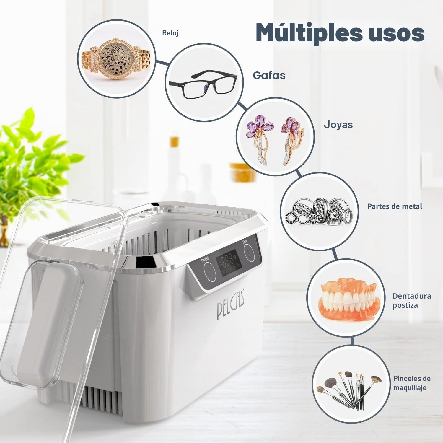 PELCAS Limpiador Ultrasonidos con Transductores Duales Limpiador Ultrasónico 800ML 42KHz con Pantalla Táctil y 5 Configuraciones de Tiempo para Anteojos, Relojes, Joyas, Dentaduras Postizas