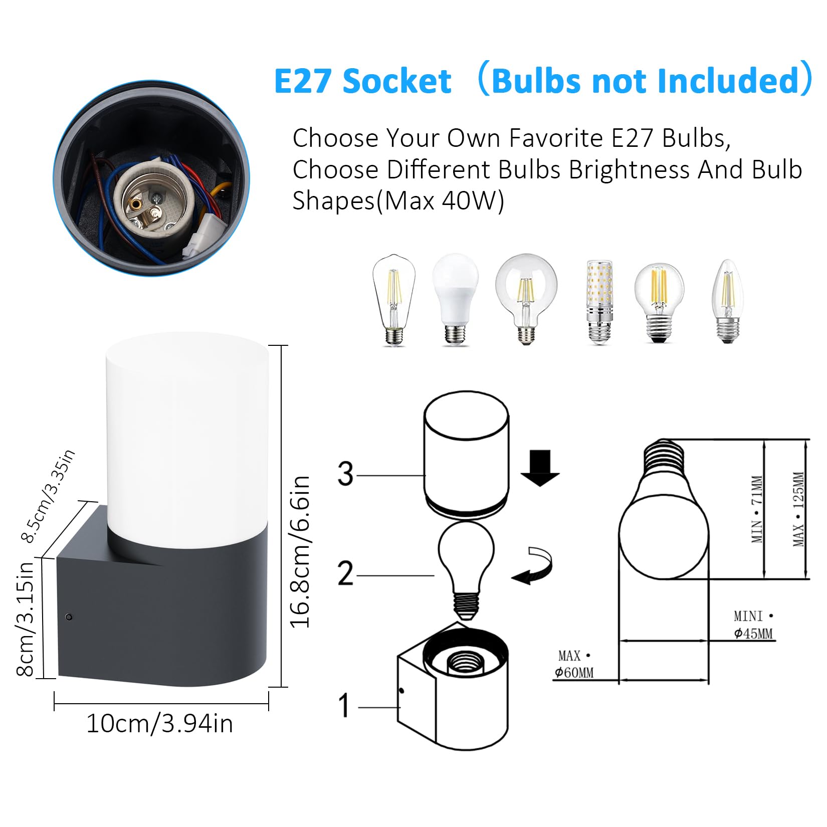 Klighten 2 Aplique de Pared E27 Interior/Exterior, Antracita Lámpara de Pared, IP65, Aluminio Moderno, para Entrada Terraza Jardín, 40W Max