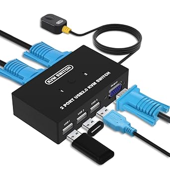 DGODRT 2 Port KVM Switch USB VGA with KVM Cables KVM Switch for VGA Monitor and USB Keyboard Mouse Black Push Button On-No-On