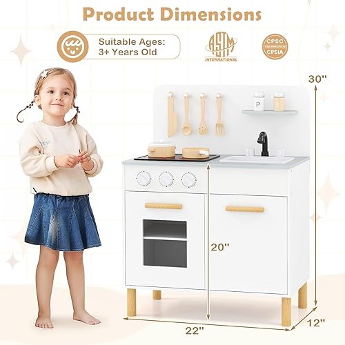 Miniatura 7 de Costzon Juego de cocina para niños, cocina de madera con luces y sonidos, estufas, fregadero y grifo, horno, accesorios de cocina, juego de cocina