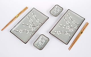 Hinomaru Collection Sakura Cherry Blossom Design 6 Piece Sushi Dinner Set Rectangular Sushi Plate Sauce Dish and Chopstick...