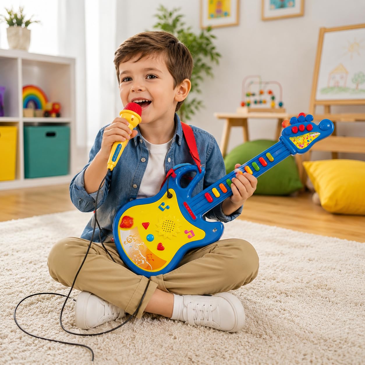 Guitarra eléctrica juguete niños con micrófono amplificado efectos luminosos correa melodías pregrabadas guitarra rock electrónica cm 45 guitarras juguete niños guitarras con sonidos Rock (A)