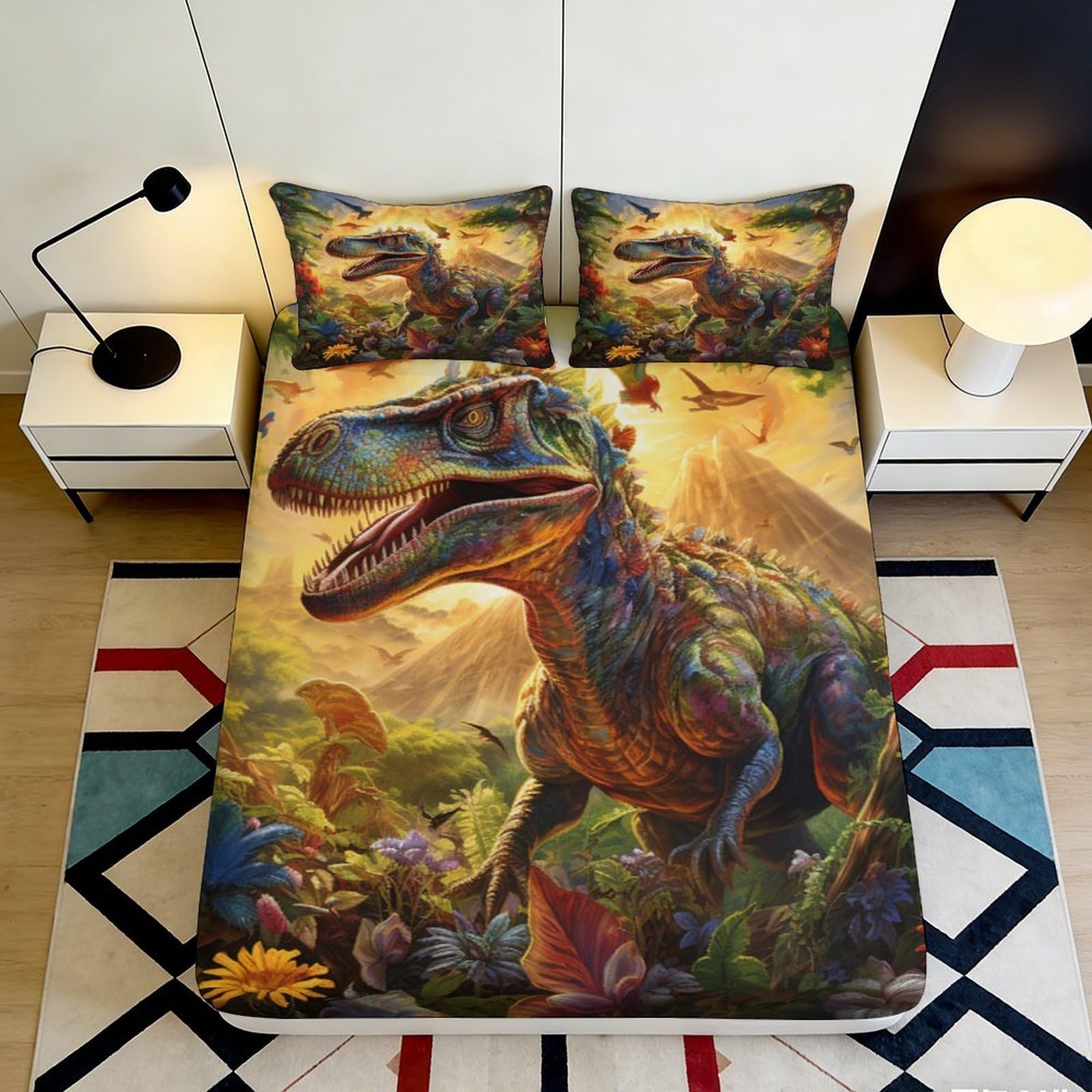 3D Printed Dinosaur Jungle Fitted Sheet Microfiber Soft Washable Forest T-Rex Mattress Cover for Bedroom Dorm Decor 90x200x25cm