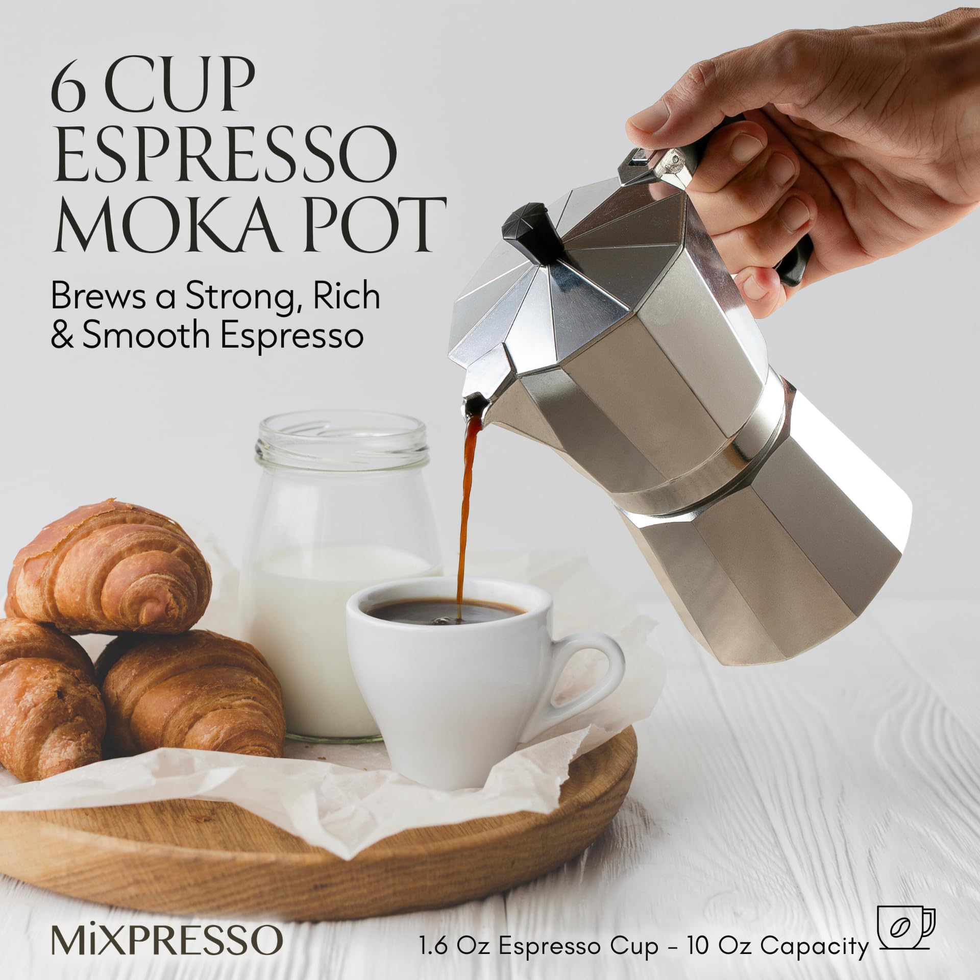 Mixpresso Cafetera de aluminio para 6 tazas, cafetera Moka Pot para preparar café italiano y cubano, cafetera italiana clásica, cafetera espresso Greca, cafetera de camping de 10 onzas