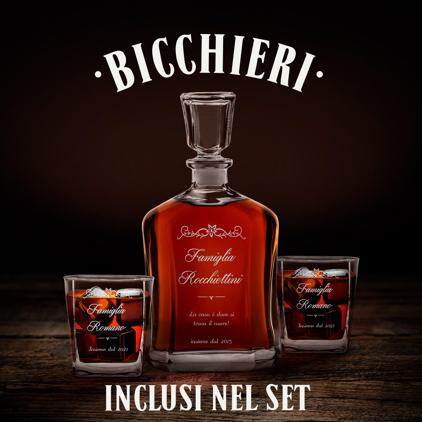 Maverton Set Decanter per Whisky in vetro - da 700 ml - incisione personalizzata - Caraffa + 2/4/ 6 bicchieri - idea regalo per l'anniversario per la coppia di sposi o fidanzati - Primula