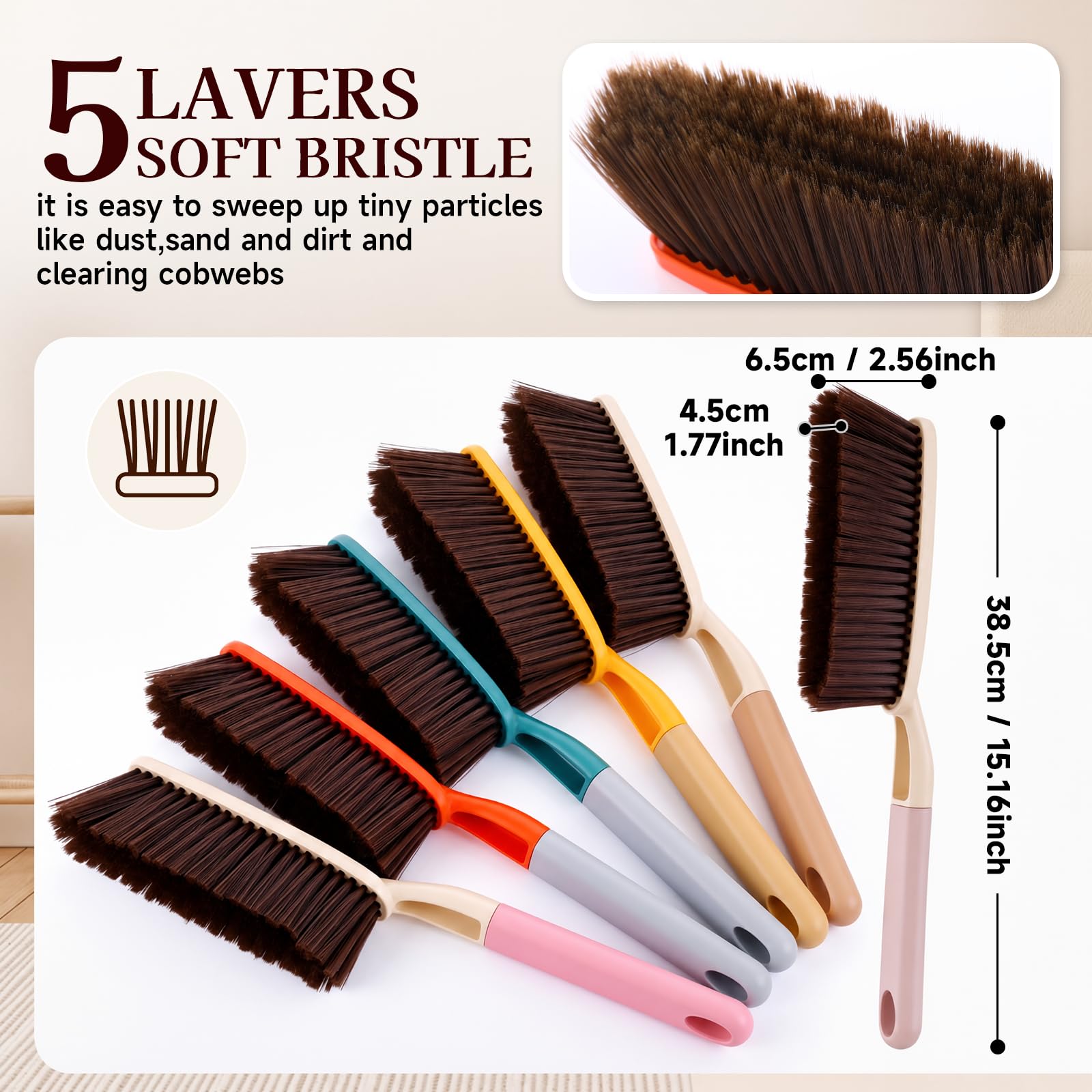 6 escobas de mano de plástico de 38,5 cm, herramienta de limpieza de cerdas suaves para cama, sofá, escritorio, ropa, muebles, encimera, hogar