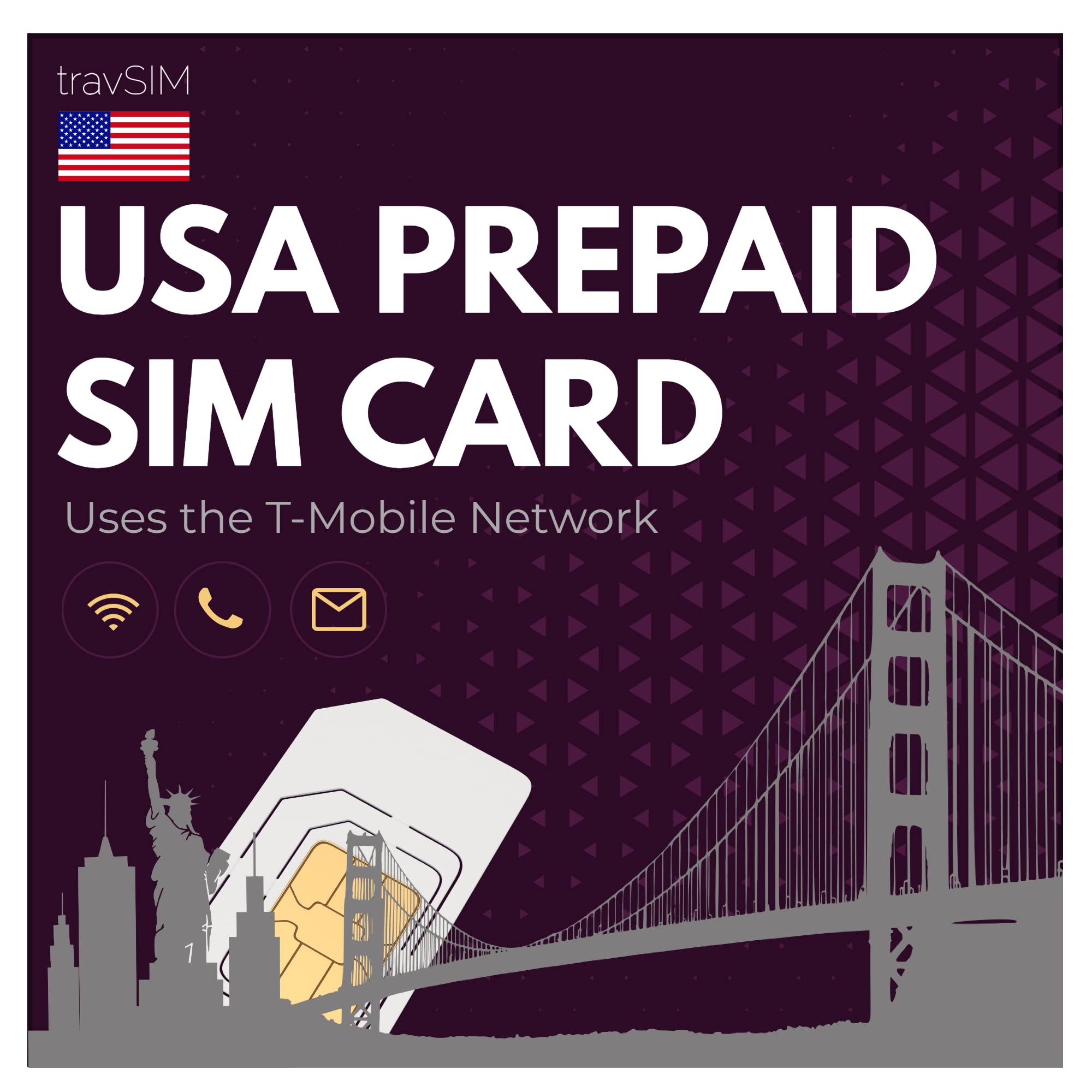 travSIM USA SIM card | Uses the T-Mobile Network | 50GB data, unlimited national calls & texts | USA SIM card also has unlimited calls to 30+ countries from the USA | USA SIM card 14 days