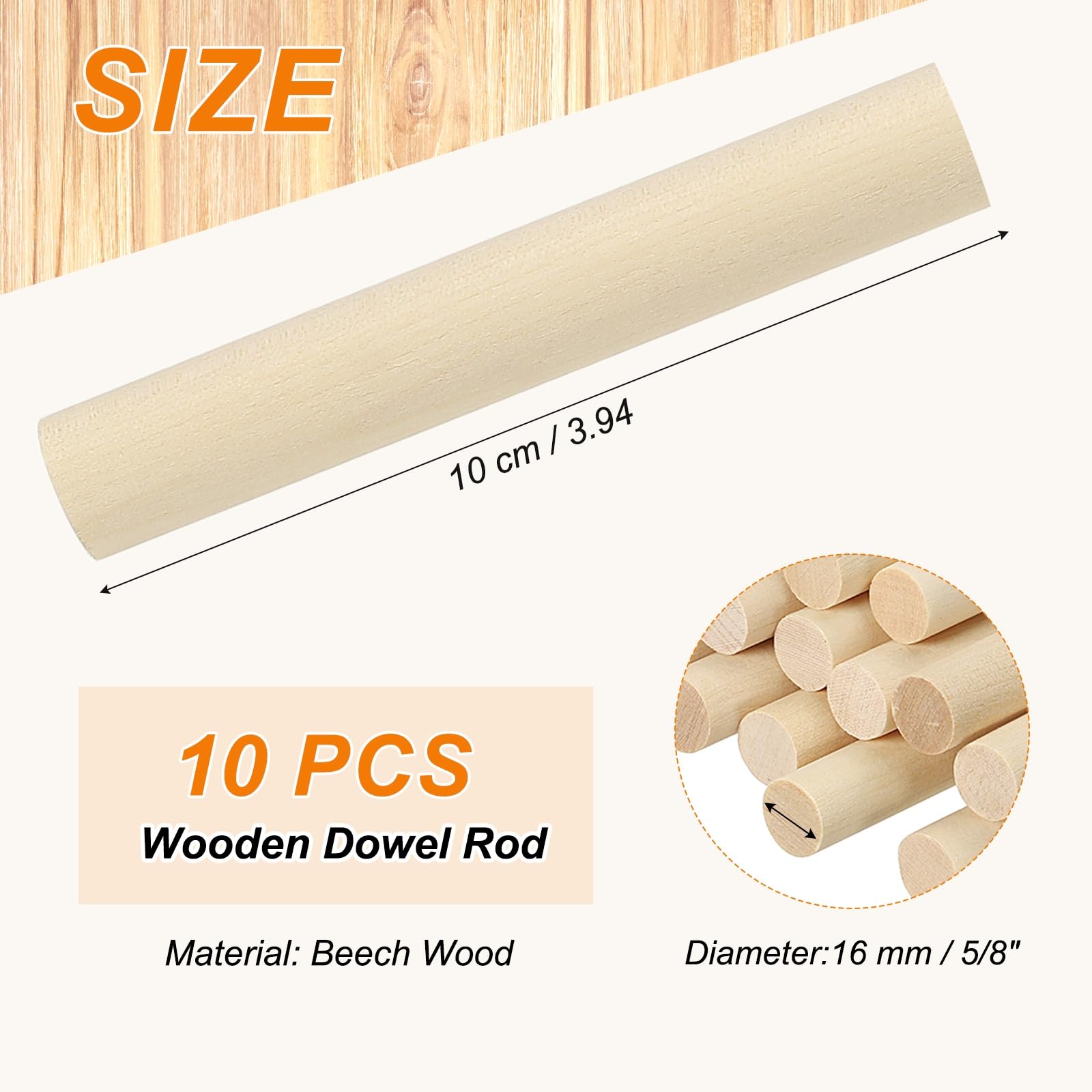 PATIKIL 5/8 x 4 Inch Wooden Dowel Rod 10 Pcs Wood Dowels for Craft Natural Color - Image 2