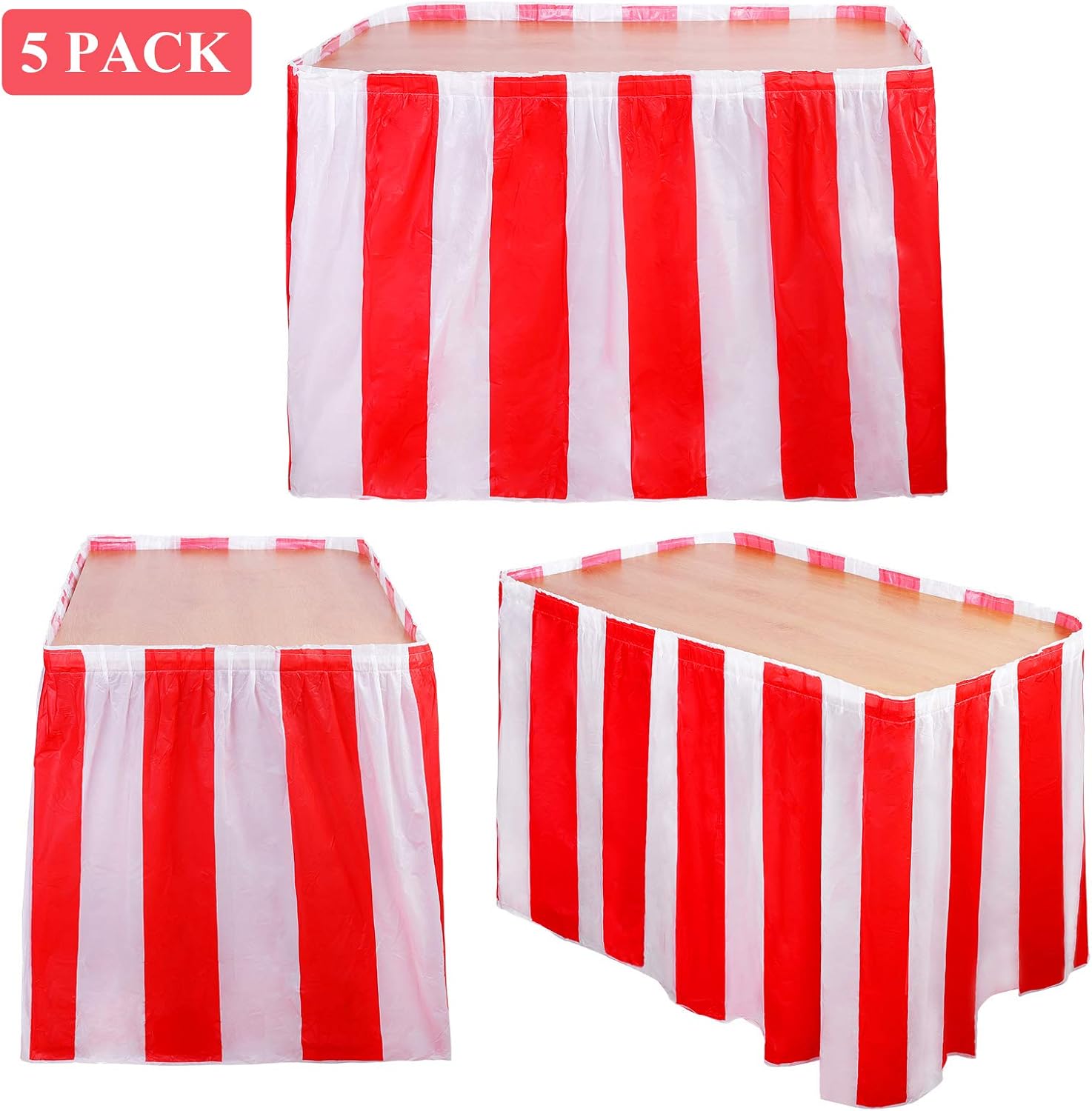 Elcoho 5 Pack Carnival Table Skirt 14 Feet x 29 Inch Red and White Striped Table Skirt Fits Rectangle or Round Tables Party Theme Tables for Circus Theme Party Decorations