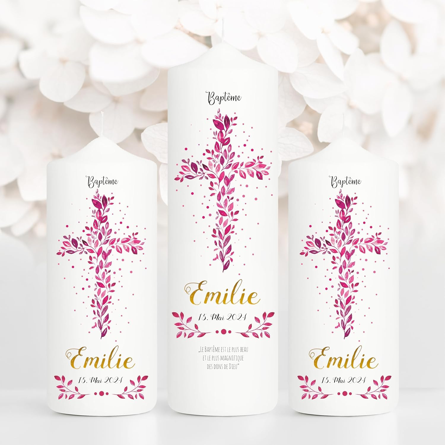 Cella per battesimo per ragazzo e ragazza, croce sacra, foglie rosa, battesimo con nome, data e citazione battema personalizzata, 1 candela battesimo + 2 candele di sponsorizzazione