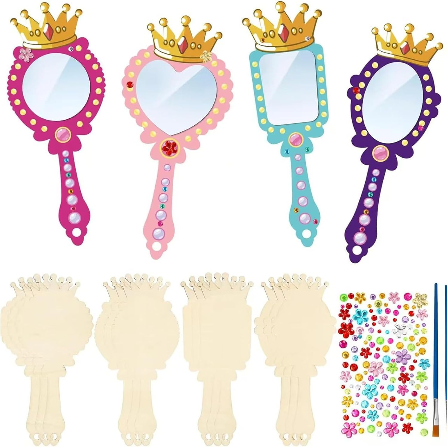 Small Mirrors for Crafts, 12 Pack Princess Mirror DIY Craft Set - Kids Mirror for Art Projects, Small Mirrors Crafts, 7.09 Inch Unfinished Wooden Crown with 2 Brushes