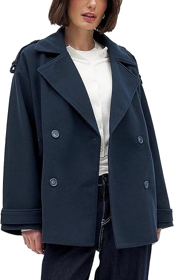 Majdan Womens Double Breasted Short Peacoat Winter Wool Blend Coat Oversized Jacket with Pockets Navy-XL