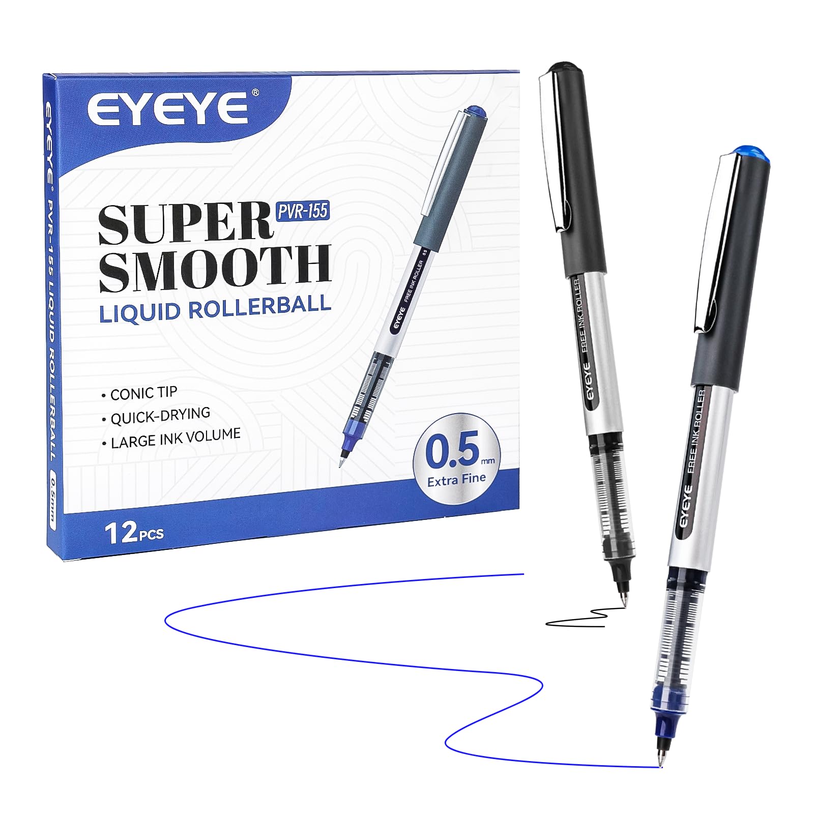 EYEYERollerball Pens 0.5mm, 6 Black 6 Blue Roller Ball Pen Extra Fine Point Quick Dry, Liquid Ink Pens Fine Point Smooth Writing Pen for Journaling, Note Taking, Office, School Supplies