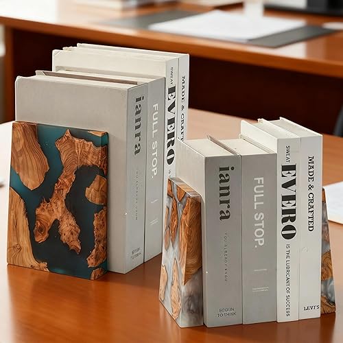 Miniatura 6 de Sujetalibros que brillan en la oscuridad, extremos de libro luminosos azules con madera y resina de Burl, carpeta decorativa para libros y